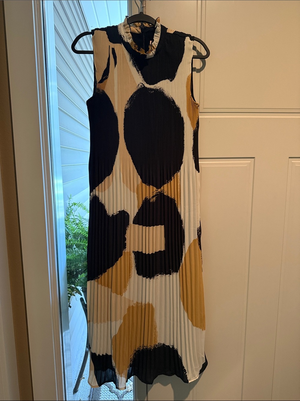 Chico's Sleeveless Pleated Midi Dress in Black, White & Mustard